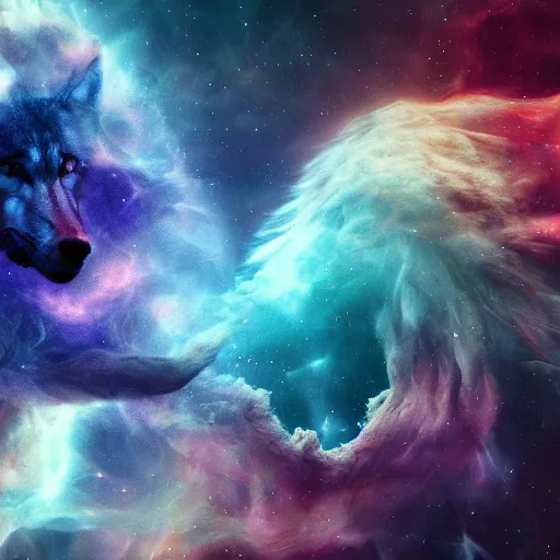 Prompt: roaring head full detailed Wolf nebula, multi colored, octane render, 8k resolution, high quality, universe