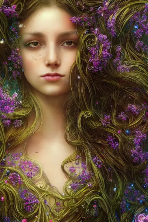 Image similar to elaborately detailed close up realistic portrait of an extremely beautiful girl with very long dark hair surrounded by flowers, an eerie mist and many ethereal rainbow bubbles, Aetherpunk, iridiscent geometry, high fantasy professionally painted digital art painting, fantasy matte painting movie poster, Art Nouveau, smooth, sharp focus, atmospheric lighting, highly detailed illustration highlights, backlight, golden ratio, 8K detail post-processing, symmetrical facial features, rich deep moody colors, majestic, dark epic fantasy, award winning picture, sense of awe, featured on DeviantArt, trending on cgsociety