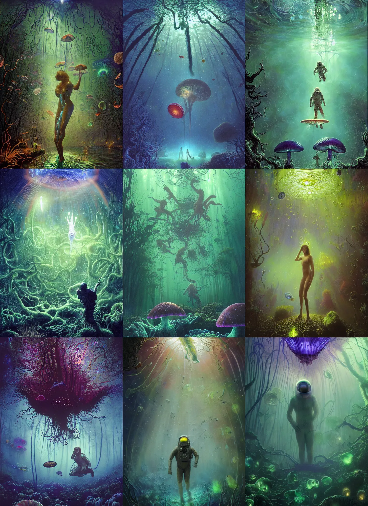Prompt: meaning of life, astronaut underwater with jelly fish in a foggy bioluminescent mushroom forest, rainbow fireflies, creepy creatures hiding in long shadows, Donato Giancola, Mark Brooks, Ralph Horsley, Charlie Bowater, Artgerm, Christopher Balaskas, Bastien Lecouffe-Deharme