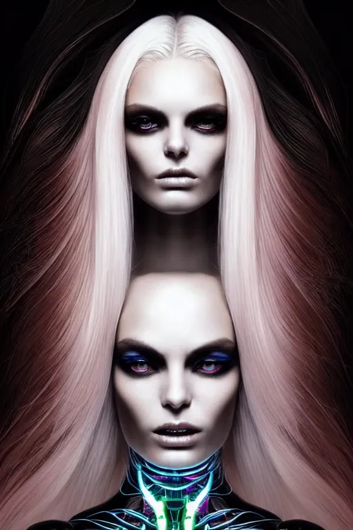 Image similar to Supermodel woman turning into an Android portrait, dark surrealism , scifi, intricate design, elegant, sharp black eyebrows, ornate long flowing platinum neon blonde hair and small black streaks, highly detailed cybernetic body, glowing eyes, digital painting, artstation, concept art, smooth, sharp focus, illustration, art by Artgerm and moebius and Peter Mohrbacher