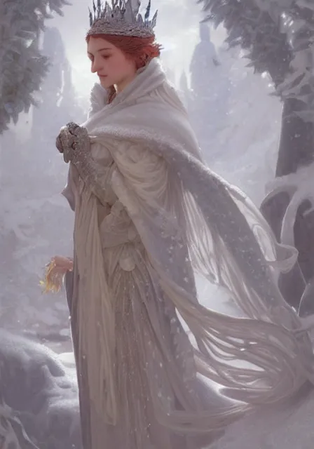 Prompt: sansa snow queen, intricate, elegant, highly detailed, digital painting, artstation, concept art, smooth, sharp focus, illustration, art by artgerm and greg rutkowski and alphonse mucha and william - adolphe bouguereau