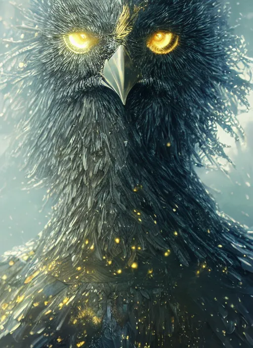 Prompt: glowing silver and golden elements, full close-up portrait, realistic crow, book cover, green forest, white moon, establishing shot, extremly high detail, photo-realistic, cinematic lighting, by Yoshitaka Amano, Ruan Jia, Kentaro Miura, Artgerm, post processed, concept art, artstation, matte painting, style by eddie mendoza, raphael lacoste, alex ross