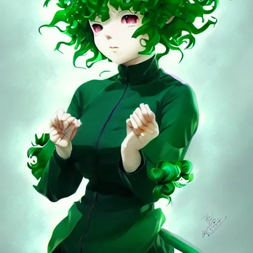 Image similar to detailed portrait art of tatsumaki with green curly hair, art by ross tran ilya kuvshinov krenz cushart, very detailed, intricate, digital anime art, sharp focus