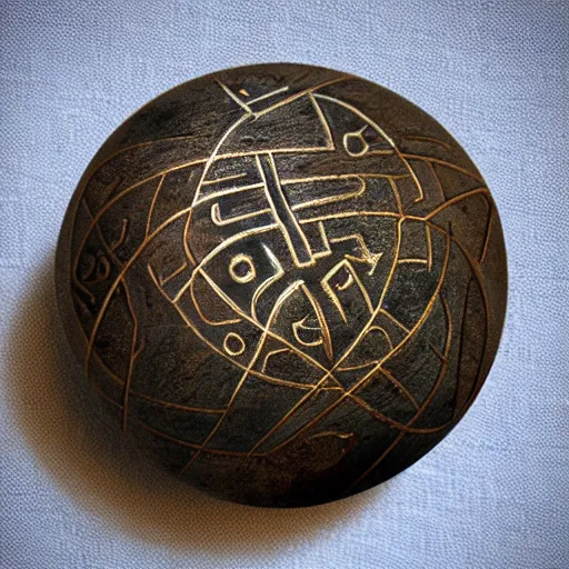 Image similar to precursor orb. minimalist art. jack and daxter game. bronze. runes.