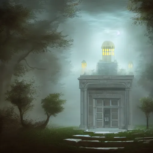 Prompt: Mysterious library with fog near the floor and clouds at entrance, fantasy art