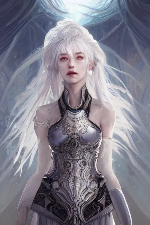 Image similar to portrait white hair knights of Zodiac girl, Sliver ice color reflected armor, in ruined Agora of Athens Sunrise, ssci-fi and fantasy, intricate and very very beautiful and elegant, highly detailed, digital painting, artstation, concept art, smooth and sharp focus, illustration, art by tian zi and WLOP and alphonse mucha