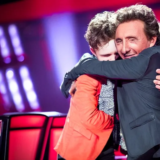 Image similar to marco borsato hugging young star on stage at the voice