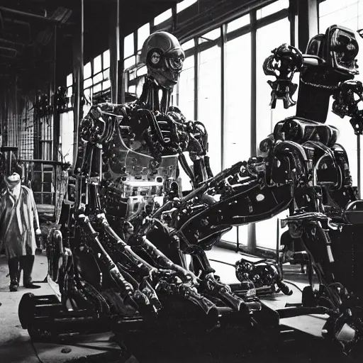 Prompt: scientists discovering a humanoid mechanical robot inside a warehouse, 1 9 2 0's sci - fi, black and white, 8 k, highly ornate intricate details, extreme detail,