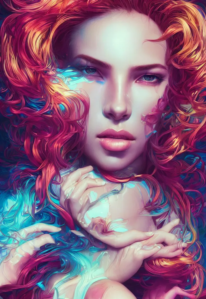 Image similar to beautiful, young woman, detailed gorgeous face, vaporwave aesthetic, synthwave, water waves, colorful, psychedelic, artstation, concept art, smooth, extremely sharp detail, finely tuned detail, ultra high definition, 8 k, unreal engine 5, ultra sharp focus, illustration, art by artgerm and greg rutkowski and alphonse mucha