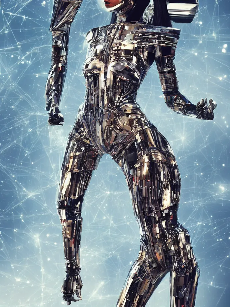 Image similar to full body portrait of the muscular Egyptian Android Pharaoh Queen, by DC comics and Sandra Chevrier and beeple, artstation, volumetric lighting and fog, hyperrealism, hyper detailed futuristic royalty, award winning costume design, cybernetic bionic ancient cyborg, fashion show runway, futuristic fine textures, woven with electricity, high fashion superpowers, floating dust particles, bokeh, mystic haze, 4k UHD, HDR