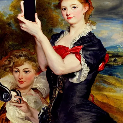 Image similar to heavenly summer sharp land sphere scallop well dressed lady taking a selfie with her cellphone auslese, by peter paul rubens and eugene delacroix and karol bak, hyperrealism, digital illustration, fauvist, cellphone