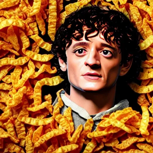 Image similar to uhd frodo made of fritos. photo by annie leibowitz