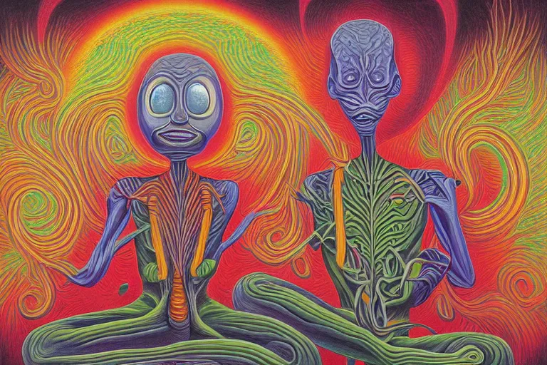 Prompt: painting of a terrified alien meditating under a tree by alex grey, acrylic art, dreadful, soothing, somber, elegant, soft light,