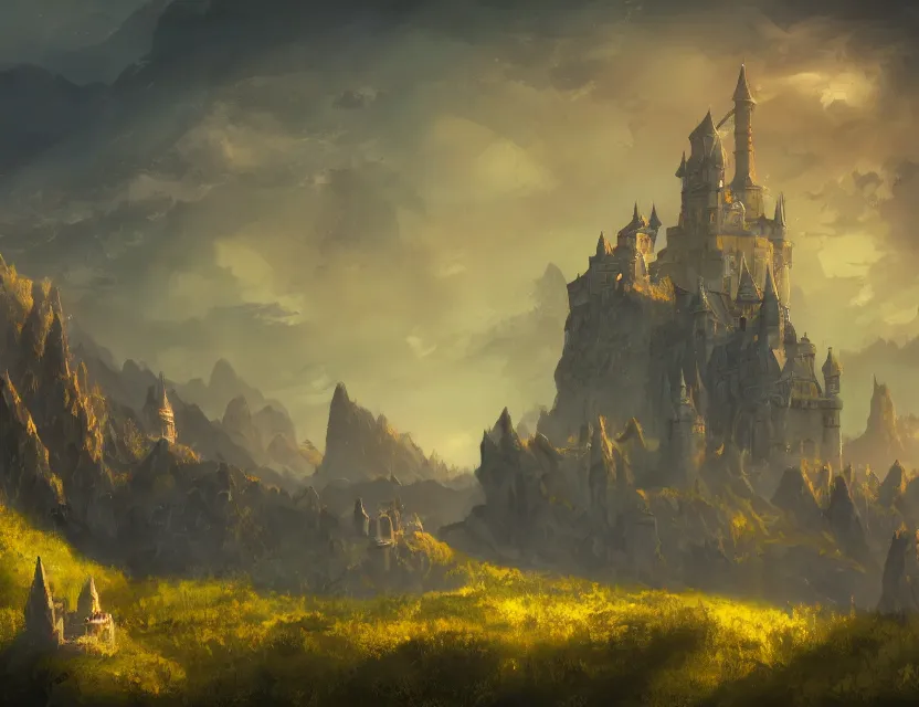 Image similar to Fantasy solitary Castle on a flat plain, near a river, yellow roofs. Matte painting by Anato Finnstark and Blizzard Studio, 4k ultra detailed, great composition cinematic.