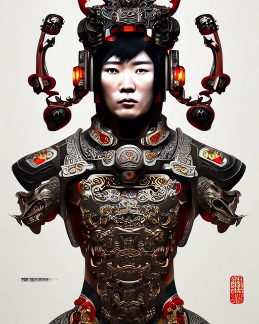 Image similar to portrait of a chinese masculine male cyberpunk machine, machine face, upper half portrait, decorated with chinese opera motifs, muscular, asian, fine china, wuxia, traditional chinese art intricate intense elegant 京 剧 highly detailed symmetry headpiece digital painting artstation concept art smooth sharp focus illustration, art by artgerm and greg rutkowski alphonse mucha 8 k