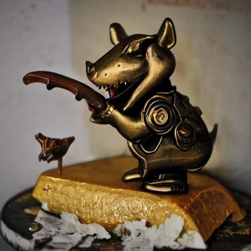 Prompt: dino mouse, guarding golden cheese, steampunk