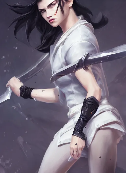 Prompt: a highly detailed illustration of fierce messy ponytail black haired one armed delinquent woman wearing uniform cap wearing long white coat cape, dramatic wielding sword pose, muscular, intricate, elegant, highly detailed, centered, digital painting, artstation, concept art, smooth, sharp focus, league of legends concept art, wlop.