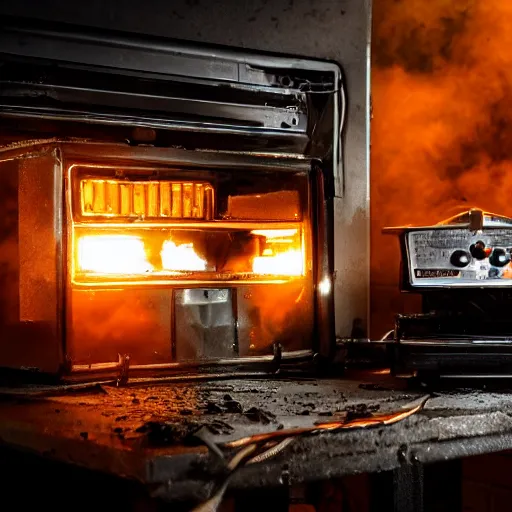 Image similar to cyborg with toaster oven chest, dark messy smoke - filled cluttered workshop, dark, dramatic lighting, orange tint, sparks, cinematic, highly detailed, sci - fi, futuristic, movie still