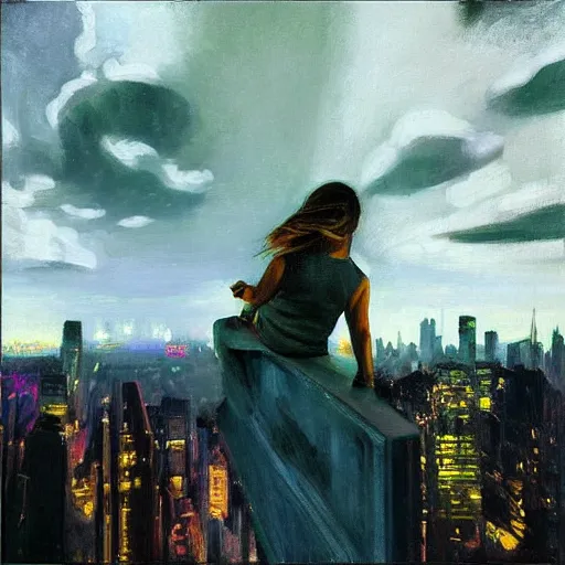 Prompt: “ a girl holding a lit cigarette looking down at a futuristic new york city below, ghostpunk, detailed face, oil painting, stormy sky, by george bellows ”