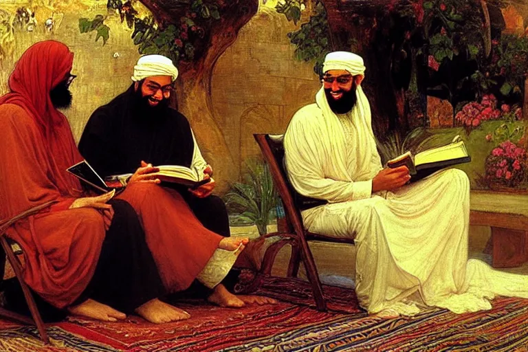 Prompt: the prophet mohammed reading salman rushdies book the satanic verses with a woman, being delighted and cheerful, whispering words of wisdom to her in solidarity with the author, painted by frederick arthur bridgman, oil on canvas