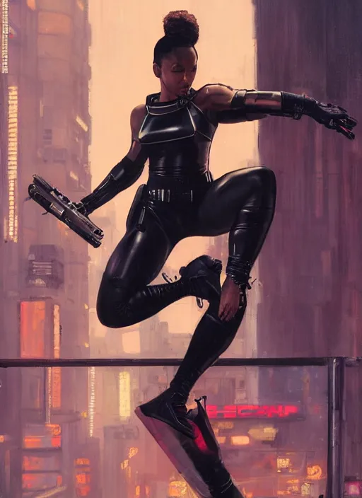 Image similar to black chun li doing high kick. cyberpunk police trooper in a military vest ( blade runner 2 0 4 9, cyberpunk 2 0 7 7 ). orientalist portrait by john william waterhouse and james gurney and theodore ralli and nasreddine dinet, oil on canvas. cinematic, hyper realism, realistic proportions, dramatic lighting, high detail 4 k