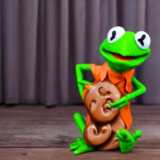 Image similar to dslr photo of kermit the frog dancing with a caramel dog