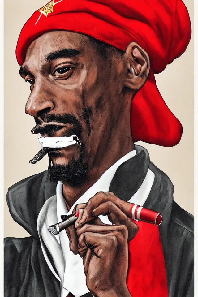 Prompt: an epic socialist realism poster of communist snoop dogg in a red beret smoking a blunt for the proletariat