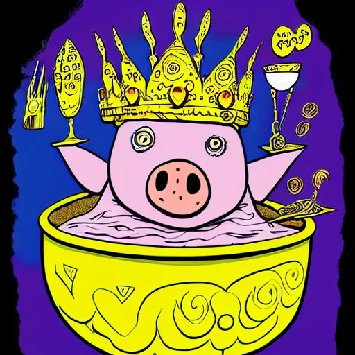 Prompt: trippy comic art of a pig wearing a gold crown eating out of an empty bowl, drawn by Martin Rowson, Tim Burton, Studio Ghibli, Alex Pardee, Nekro Petros Afshar, James McDermott, colors by lisa frank, unstirred paint, vivid color, cgsociety 4K