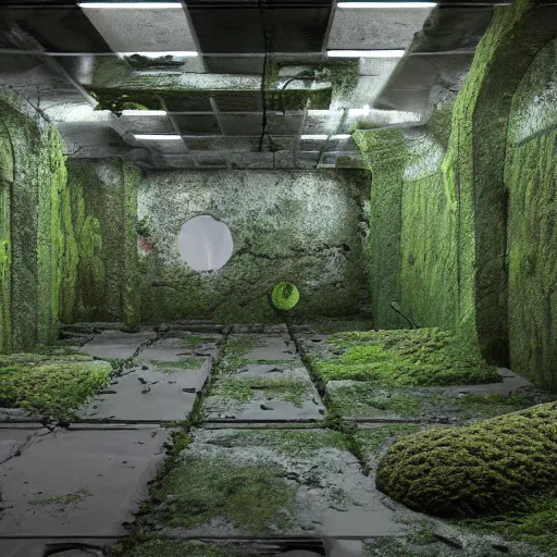 Image similar to an abandoned futuristic laboratory covered in moss and molds, highly detailed, 8k, octane render,