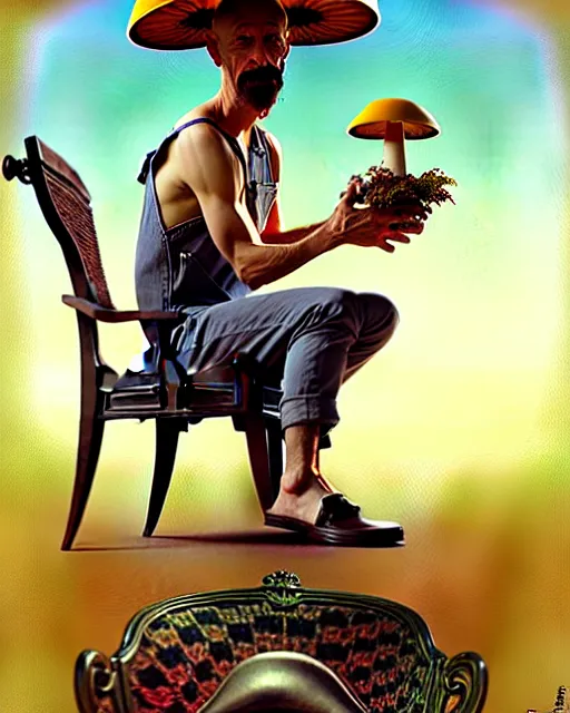 Image similar to male mushroom alien sitting in a rocking chair, wearing overalls, smoking a pipe, full body, art by artgerm and greg rutkowski and alphonse mucha