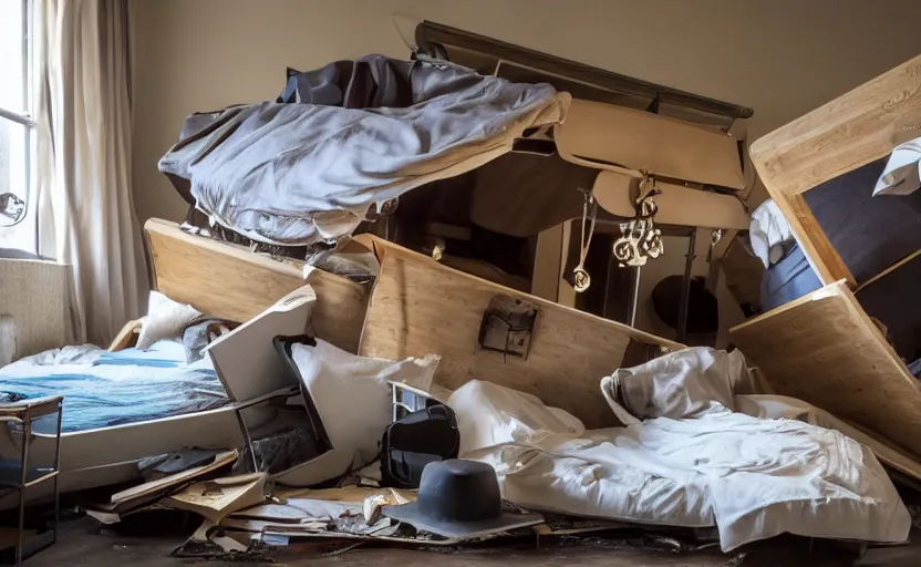 Prompt: a bedroom with all of the furniture turned upside down. a bedroom with upside - down furniture.