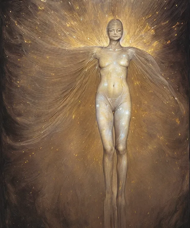 Image similar to Beautiful full-body wax sculpture of a glowing clothed transparent moth with a woman face in a glowing dress with visible gold bones covered with melted white wax inside the singularity where stars becoming baroque folds of dark matter by Michelangelo da Caravaggio, Nicola Samori, William Blake, Alex Grey and Beksinski, dramatic volumetric lighting, highly detailed oil painting, 8k, masterpiece