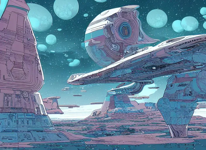 Prompt: a spaceship in a stunning landscape by josan gonzalez