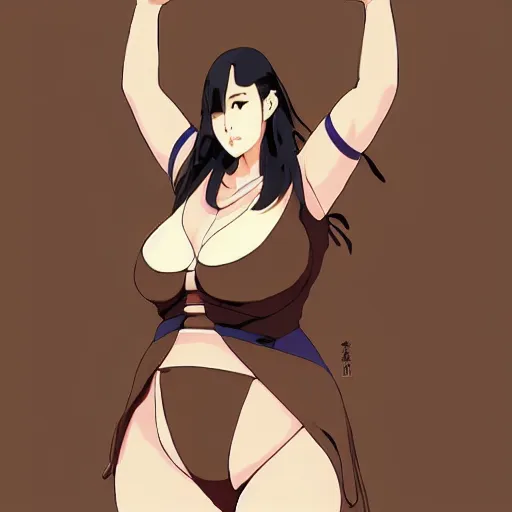 Image similar to a beautiful plus sized model japanese natalie portman, alluring plus sized model with brown skin, wearing mayan leotard with overalls, street fashion hip hop style with mayan patterns, aztec street fashion, gapmoe yandere grimdark, trending on pixiv fanbox, painted by greg rutkowski makoto shinkai takashi takeuchi studio ghibli, akihiko yoshida