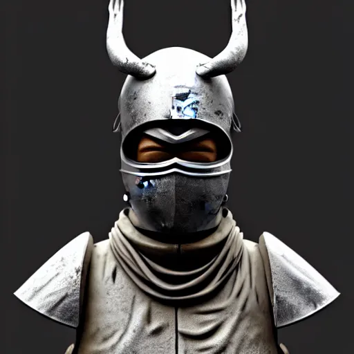 Image similar to 3 d octane rendering of marble and chrome statue of ninja wearing full face mask and hunter hat, vfx art, sharp, detailed, pinterest, unreal engine, behance, technological, octane render