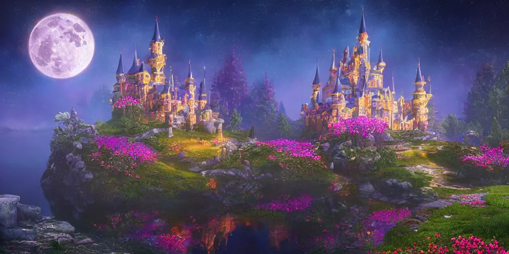 Image similar to a single glittering fairy castle at night, a full moon, water and colourful flowers, extremely detailed oil painting, unreal 5 render, fantasy digital art, octane render, beautiful composition, trending on artstation, award-winning photograph, masterpiece