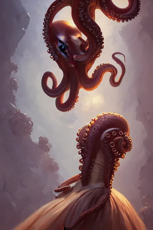 Prompt: portrait of an anthropomorphic octopus in a victorian - era ballgown, dramatic lighting, highly detailed, digital painting, artstation, concept art, smooth, sharp focus, illustration, art by wlop, mars ravelo and greg rutkowski