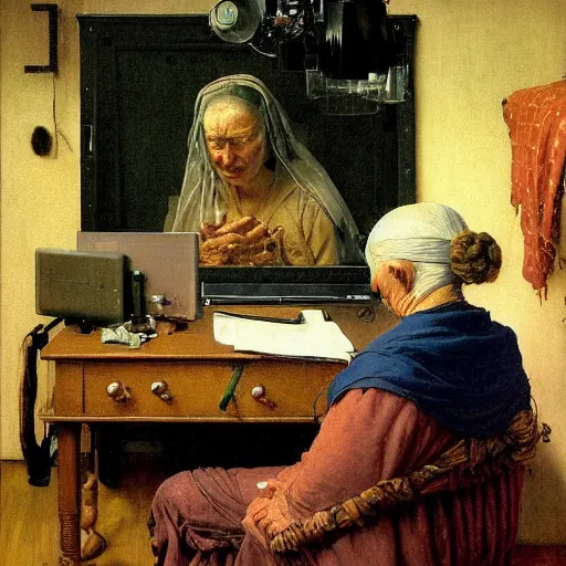 Image similar to elderly cyborg weeping desperate grandma trying to figure out how to order an online pizza sitting in her small room glaring at her lenovo thinkpad laptop t 4 1 0 8 gb ram norman rockwell leonardo da vinci giotto jamie wyeth greg rutkowski winslow homer thomas eakins lucian freud edward hopper j. m. w. turner oil painting anachronistic realism