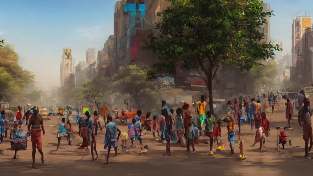 Prompt: street in a big african city, kids playing, summer, david febland, artstation, matte painting