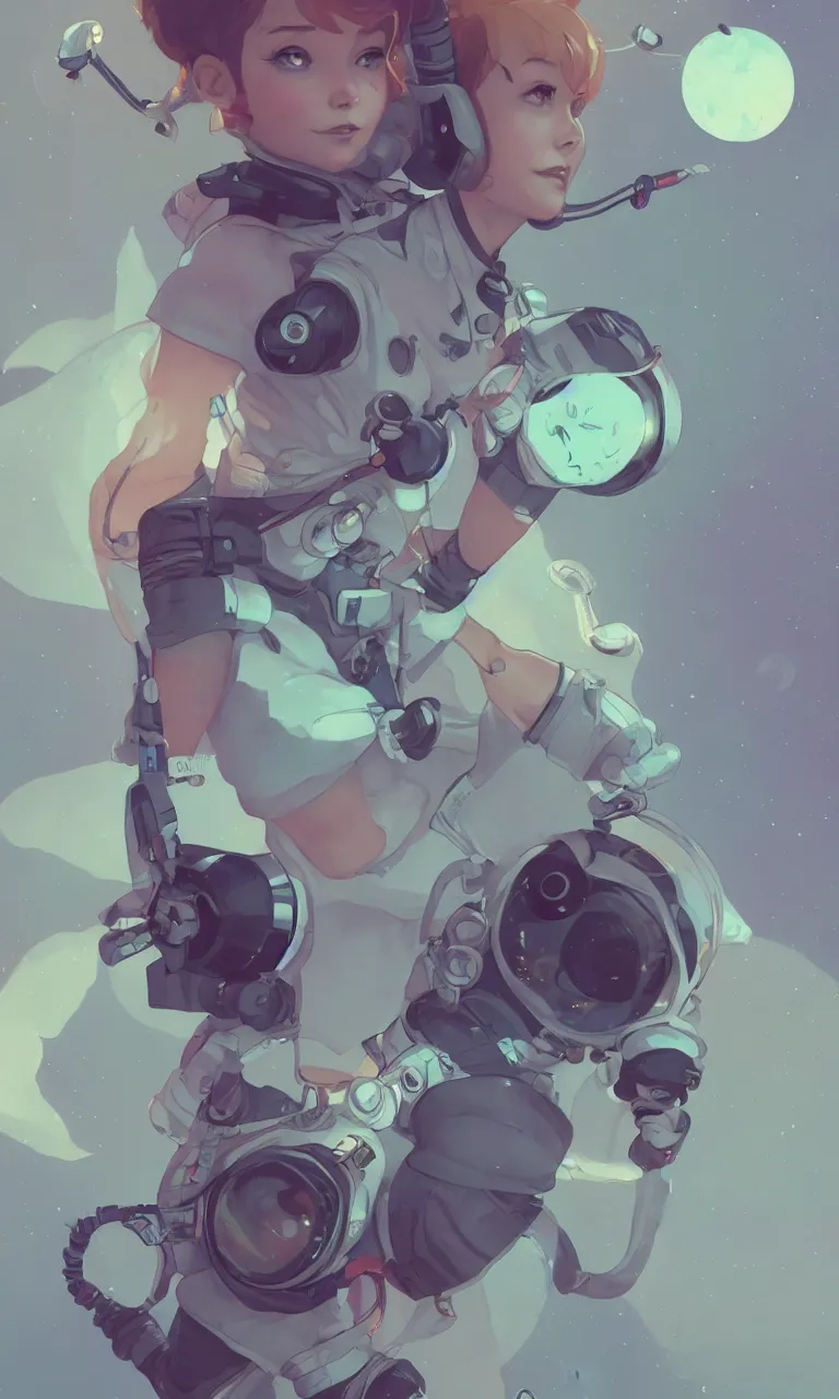 Image similar to cute pixie bjork taking charge in an astronaut suit, a look of wonder on her face, ambient lighting, 4 k, lois van baarle, ilya kuvshinov, rossdraws, alphonse mucha, jung gi kim, artstation