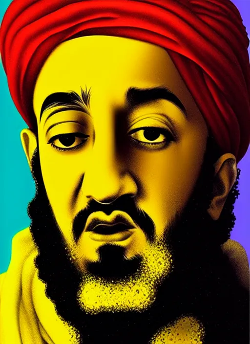 Image similar to nake d bin laden. pop art, no duplicate image, glowing lights, highly detailed, digital painting, artstation, concept art, smooth, sharp focus, illustration, art by richard hamilton and mimmo rottela