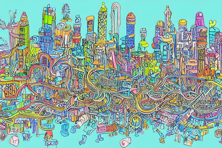 Image similar to an elaborate penned child illustration of a colorful intricate connected city of tubes and pipes, by martin handford and by jan van haasteren