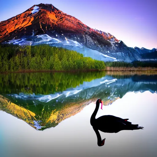 Image similar to photo of two black swans touching heads in a beautiful reflective mountain lake, a colorful hot air balloon is flying above reflecting off water, hot air balloon, intricate, 8k highly professionally detailed, centered, HDR, CGsociety