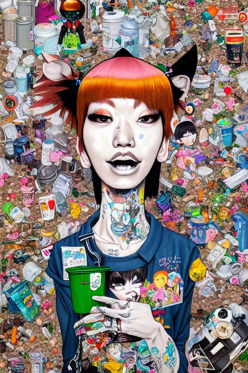 Image similar to full view, from a distance, of anthropomorphic trashcan full of trash, style of yoshii chie and hikari shimoda and martine johanna, highly detailed