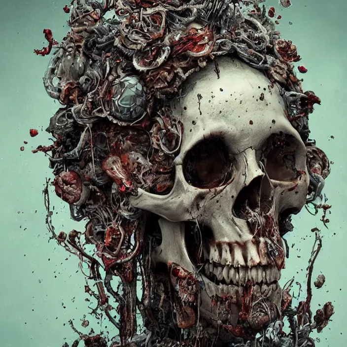 Image similar to portrait of a melting skull. wearing a headdress. infected with zombie fungus. intricate abstract. intricate artwork. nightmare fuel. by Tooth Wu, wlop, beeple, dan mumford. octane render, trending on artstation, greg rutkowski very coherent symmetrical artwork. cinematic, hyper realism, high detail, octane render, 8k, iridescent accents