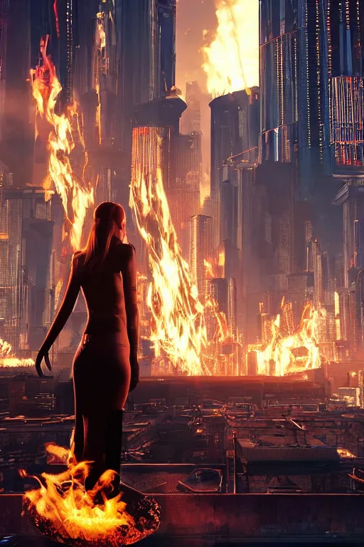 Prompt: in the foreground Saint Petersburg in cyberpunk, in the background a magnificent young blonde woman from behind playing with flames coming out of her hands wearing a long matrix-style jacket, realistic, high definition, many details, dramatic scene, symmetrical face, eyes realistic, cyberpunk art 2077