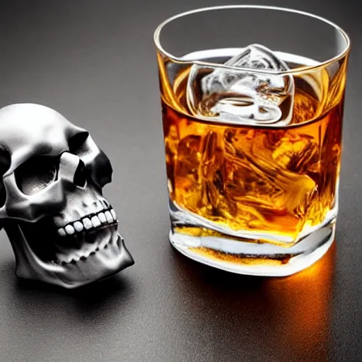 Prompt: a glass of whiskey and a skull on a desk