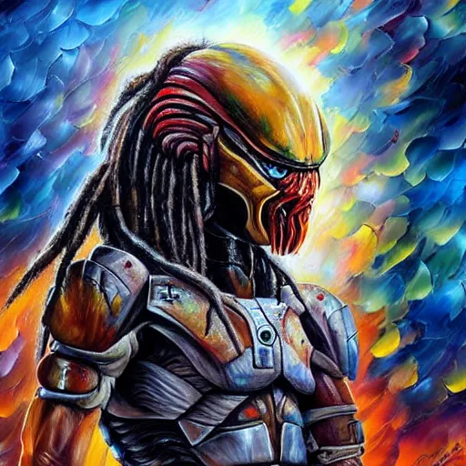 Image similar to painting of an alien with dreadlocks and high tech armor, The Predator, Yautja, by Leonid Afremov, hyperdetailed!!!!!!!!!