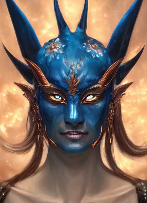 Image similar to a beautiful detailed oil on copper art illustration of a japanese blue devil mask woman, centered, by charlie bowater, zeng fanzh, trending on artstation, dim dusk lighting, cinematic lighting, detailed lighting, volumetric lighting, realistic, f 8, 4 k hd wallpaper