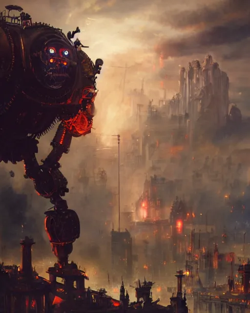 Prompt: oil painting of Steampunk King Kong Robot smashing buildings, sharp focus, fantasy style, steampunk city background, octane render, volumetric lighting, 8k high definition, by greg rutkowski, highly detailed, trending on art Station, magic the gathering artwork, centered, dramatic artwork, combat scene